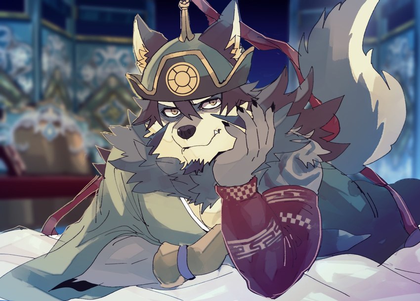 anthro clothing fur male mongolian mongolian_clothing solo tattoo ohayashi55 lifewonders tokyo_afterschool_summoners temujin_(tas) canid canine canis mammal wolf 2021 hi_res