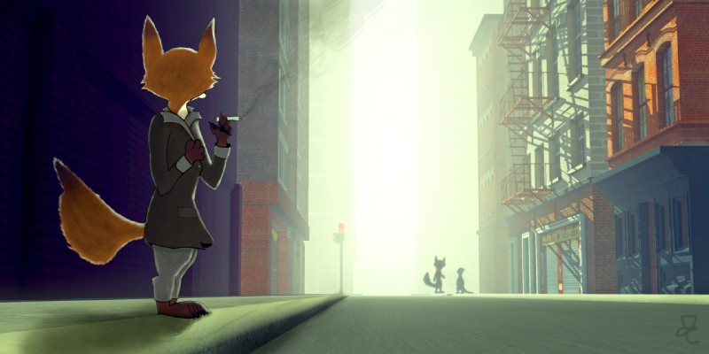 4_fingers ambiguous_gender anthro city clothed clothing fingers fire_escape fur group jacket road sidewalk silhouette standing street topwear traffic_light j-cay disney zootopia nick_wilde canid canine fox mammal 2017 2:1 signature