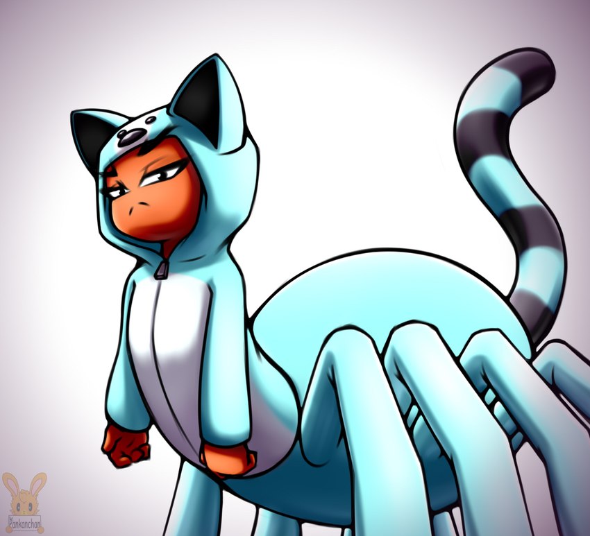 black_onesie blue_onesie clothing discomfort female frown fur looking_at_viewer onesie orange_body orange_fur simple_background solo white_background pankanchan dreamworks the_bad_guys ms._tarantula_(the_bad_guys) arachnid arachnid_taur arthropod arthropod_taur mygalomorph spider spider_taur tarantula tarantula_taur taur 2021