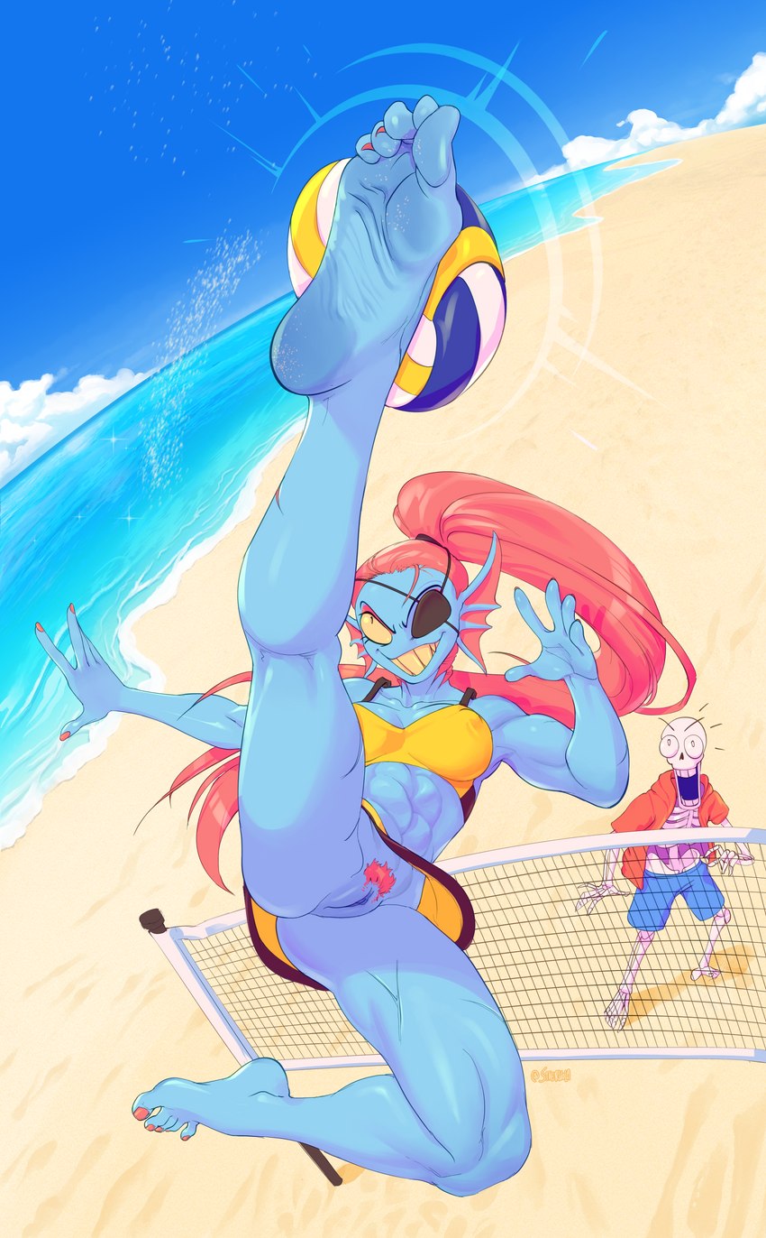 5_fingers 5_toes abs action_pose athletic athletic_female ball barefoot beach bikini bikini_skirt blue_body bone clothed clothing colored_nails duo ear_frill eye_patch eyewear feet female female_focus fingernails fingers foot_focus frill_(anatomy) genitals grin hair high-angle_view humanoid_feet humanoid_hands kick kicking_ball knee_pit leg_scar midair muscular muscular_female muscular_thighs nails net nipple_outline no_underwear plantigrade ponytail pose pubes pussy red_fingernails red_hair red_nails red_pubes red_toenails sand sand_on_foot scar sea seaside sharp_teeth skeleton smile soles solo_focus sport spread_legs spreading swimwear teeth thin_calves toenails toes two-piece_swimsuit upskirt volleyball volleyball_(ball) volleyball_net water wrinkled_feet wrinkles yellow_bikini yellow_clothing yellow_swimwear staerk undertale undertale_(series) papyrus_(undertale) undyne animal_humanoid animated_skeleton fish fish_humanoid humanoid marine marine_humanoid monster undead 2023 absurd_res hi_res