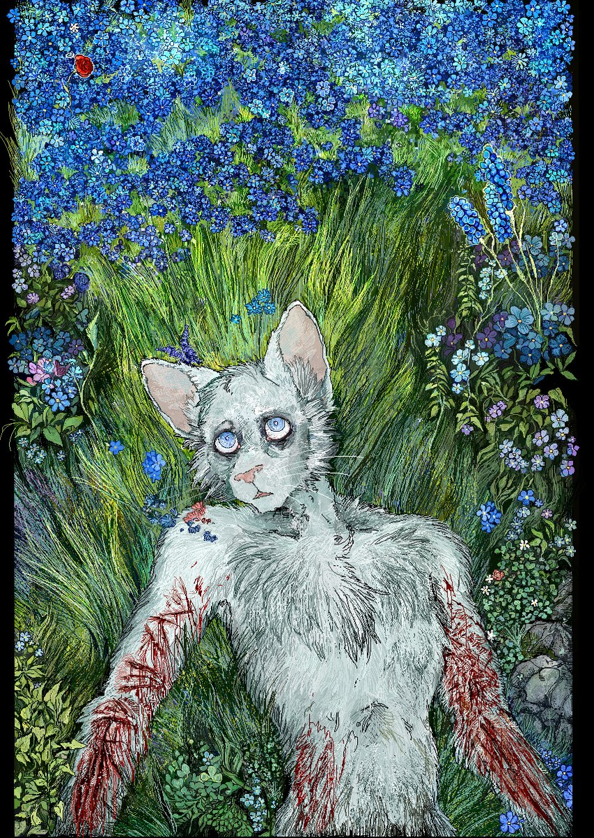 anthro blood blood_on_arm blood_on_shoulder blue_body blue_eyes blue_flower blue_fur bodily_fluids corpse death detailed_background field flower fur gore grass gruesome male pink_flowers pink_nose plant purple_flower red_flower rock scenery self-harm solo suicide vein whiskers wounded jeffusherb domestic_cat felid feline felis mammal aliasing digital_media_(artwork) hi_res