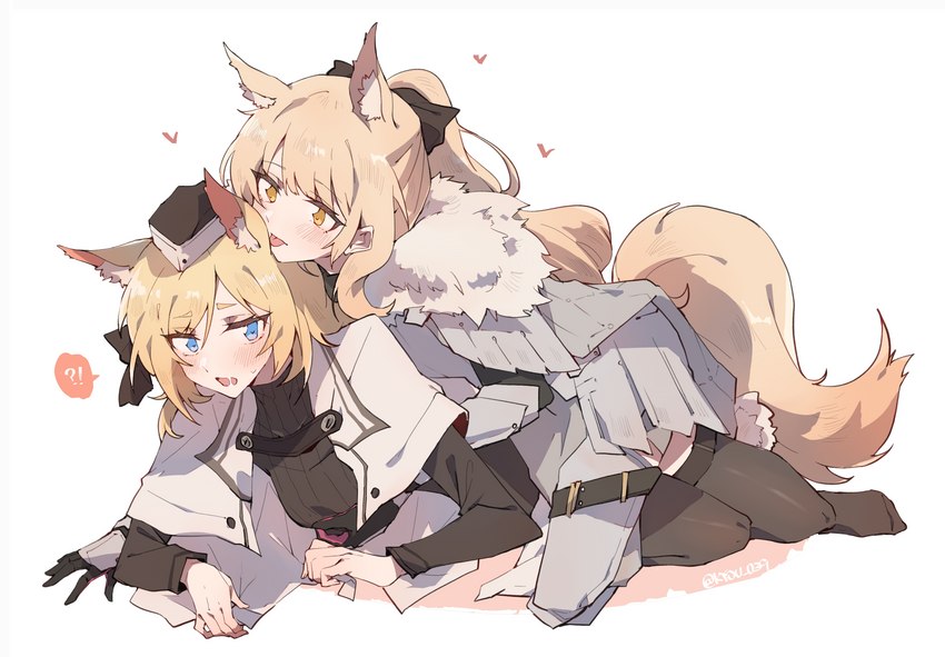 blonde_hair blue_eyes blush breast_grab breasts clothing duo ear_lick exclamation_point female female/female fluffy fluffy_tail fur groping_from_behind hair hand_on_breast headgear heart_symbol humanoid_on_humanoid imminent_sex inner_ear_fluff legwear licking long_hair lying on_ground open_mouth question_mark simple_background speech_bubble tail thigh_highs tongue tongue_out tuft white_background white_body white_fur yellow_eyes kyou_039 arknights hypergryph studio_montagne blemishine_(arknights) whislash_(arknights) animal_humanoid equid equid_humanoid equine equine_humanoid humanoid mammal mammal_humanoid 2021 hi_res aunt_(lore) aunt_and_niece_(lore) incest_(lore) niece_(lore) sibling_(lore) sister_(lore) sisters_(lore)