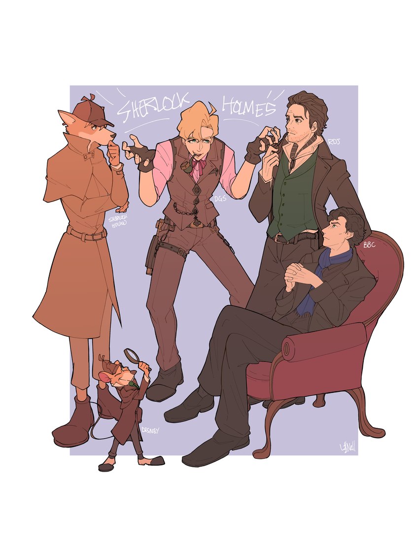 anthro clothed clothing detective detective_hat fully_clothed group magnifying_glass male size_difference smoking_pipe suit nemuinell ace_attorney capcom disney sherlock_(series) sherlock_hound_(series) the_great_ace_attorney the_great_mouse_detective basil_(disney) herlock_sholmes sherlock_holmes sherlock_hound canid canine canis domestic_dog human mammal mouse murid murine rodent 2020 absurd_res crossover hi_res