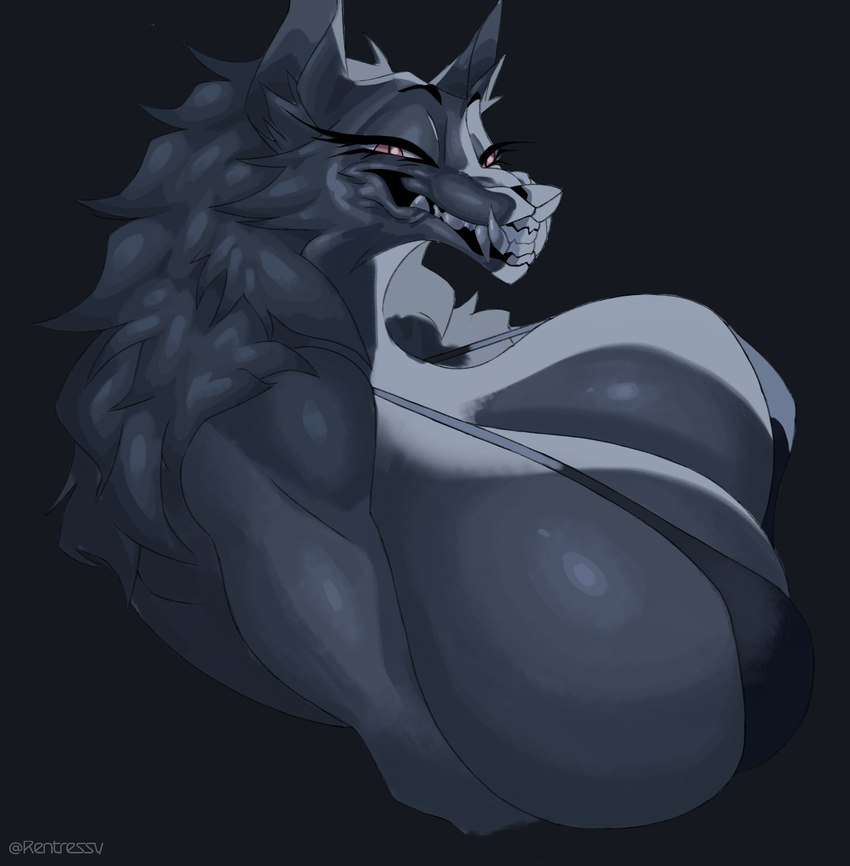 anthro big_breasts big_fangs bikini black_bikini black_clothing black_swimwear breasts clothing fangs female grey_body huge_breasts looking_at_viewer red_eyes smile solo swimwear teeth two-piece_swimsuit rentressy canid canine canis mammal wolf hi_res