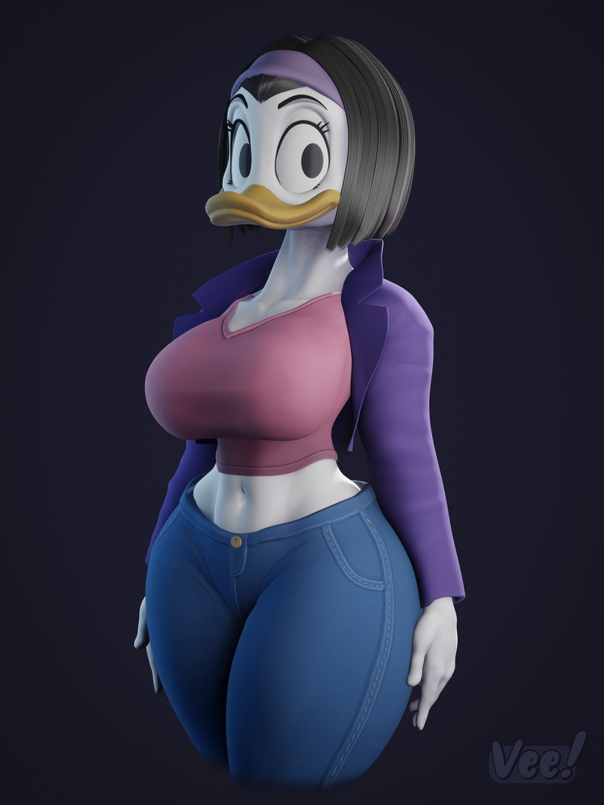 accessory anthro big_breasts black_hair bottomwear breasts clothing crop_top denim denim_bottomwear denim_clothing female hair hair_accessory hairband jacket jeans pants pink_clothing purple_clothing shirt simple_background solo thick_thighs topwear veein3d disney kay_k anatid anseriform avian bird duck 3:4 3d_(artwork) absurd_res digital_media_(artwork) hi_res portrait three-quarter_portrait