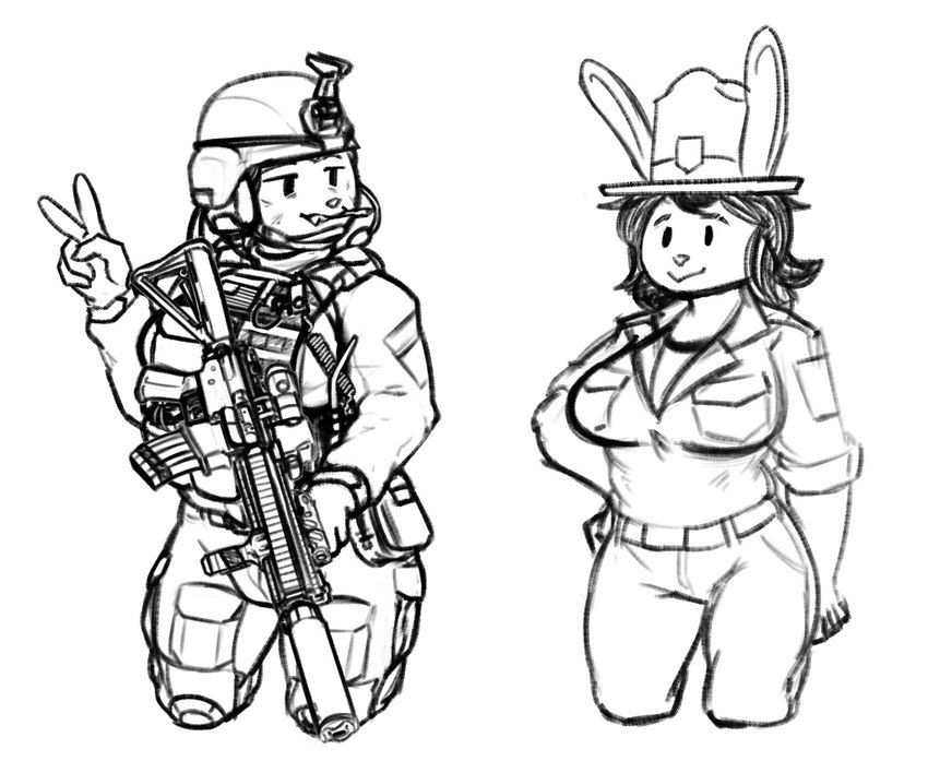 anthro armor big_breasts breasts clothed clothing electronics female gloves gun hair handwear headgear headphones headset helmet military military_helmet military_jacket military_pants military_uniform ranged_weapon solo uniform weapon coalcat elinor_wonders_why pbs ranger_rabbit lagomorph leporid mammal rabbit monochrome