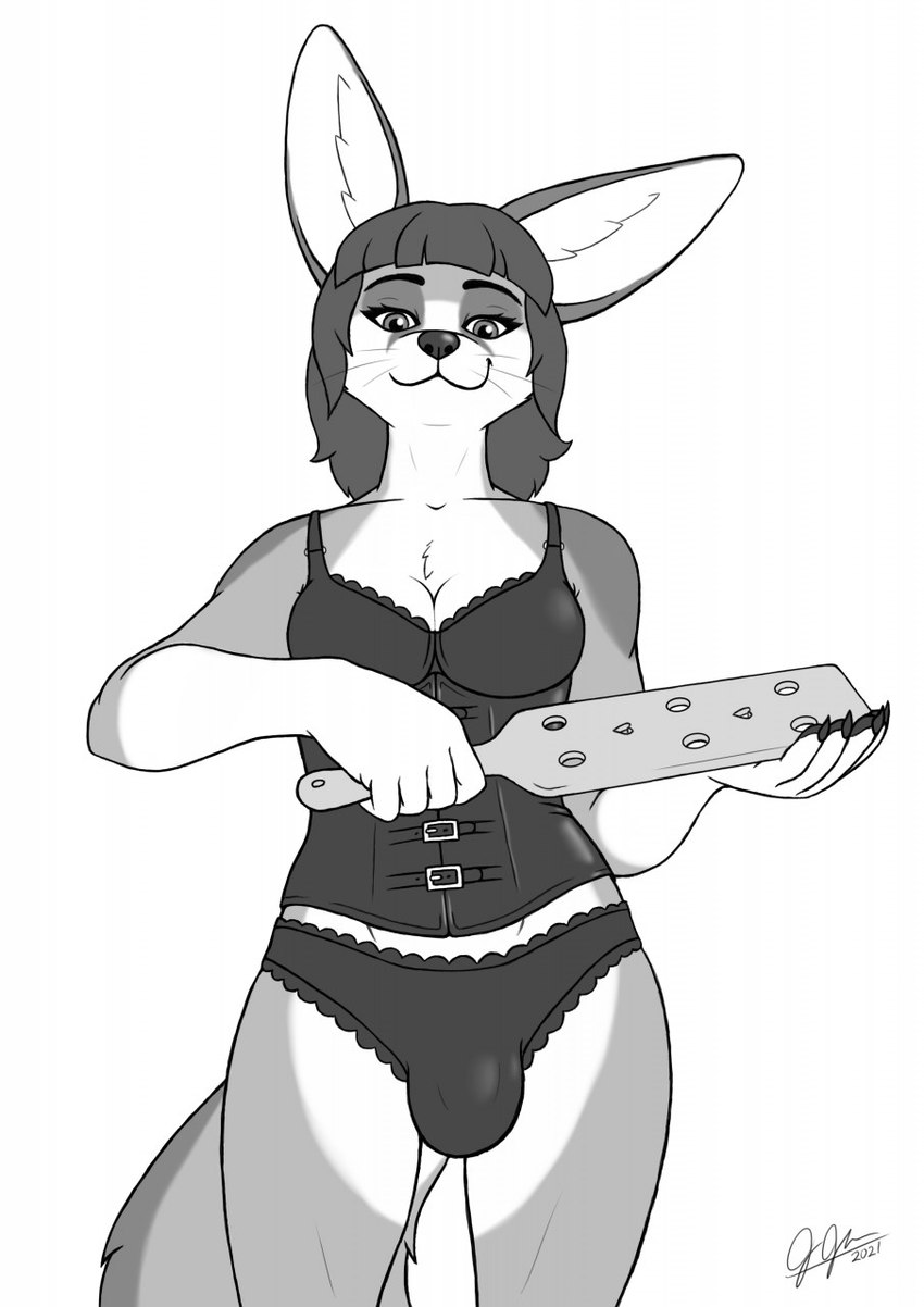 anthro breasts bulge butt_slap cleavage clothed clothing corset dominant dominant_gynomorph dominant_intersex gynomorph intersex lingerie paddle panties slap smile smirk solo spanking standing topwear underwear legatusflagrans canid canine fennec_fox fox mammal true_fox 2021 hi_res monochrome trans_(lore) trans_woman_(lore)