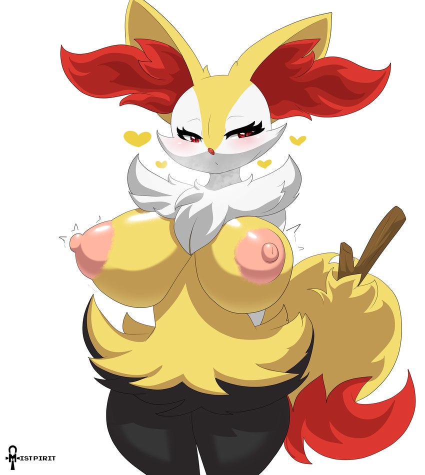 anthro areola big_breasts black_body black_fur blush breasts dipstick_tail female fur heart_symbol huge_breasts markings nipples pink_areola pink_nipples red_eyes solo stick_in_tail tail tail_markings white_body white_fur yellow_body yellow_fur mistpirit nintendo pokemon braixen generation_6_pokemon pokemon_(species) 2023 absurd_res hi_res