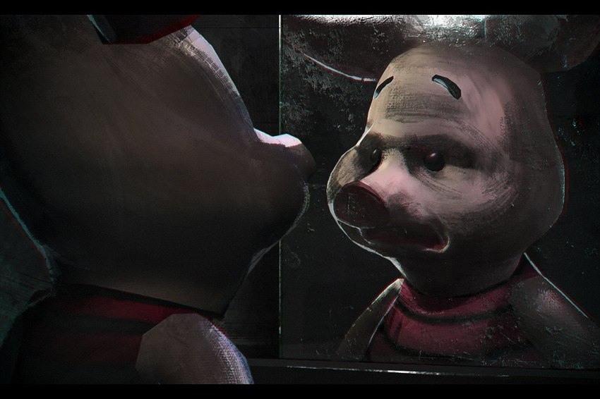 anthro black_bars clothing darkness frown fur horror_(theme) inside looking_at_reflection male mirror nightmare_fuel pig_ears pig_nose pink_body pink_fur reflection snout solo sweater sweater_vest topwear vest angeluc0079 disney konami piglets_big_game silent_hill winnie_the_pooh_(franchise) piglet letterbox