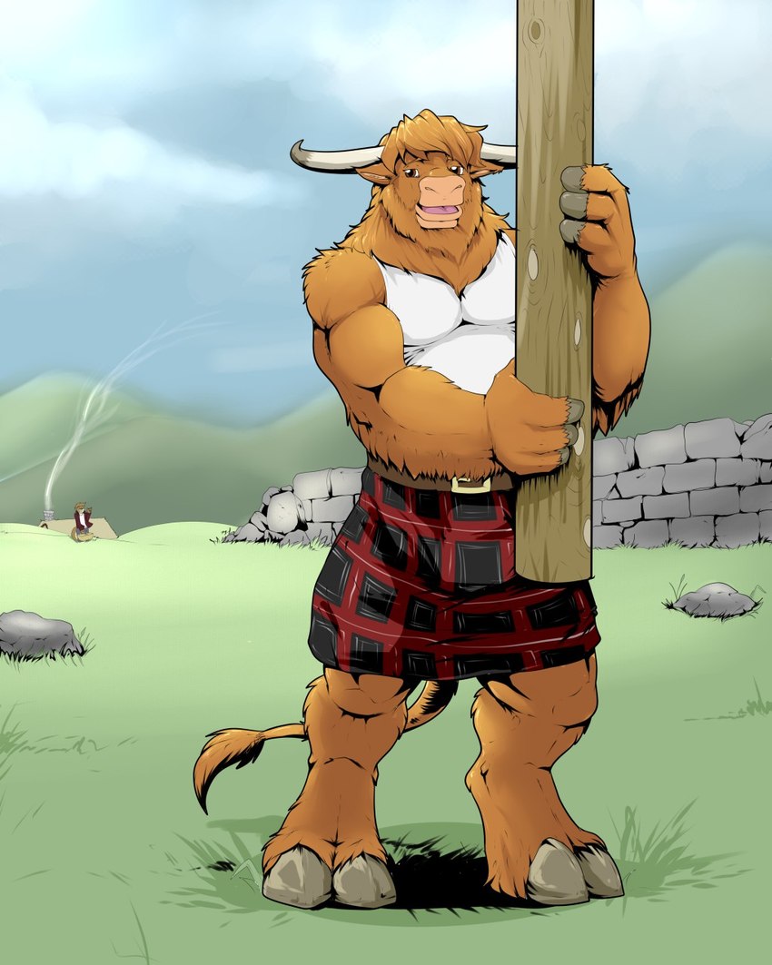 anthro belt bottomwear clothing cloud cloudy_sky duo grass hill holding_log hooves horn kilt male mountain_range plant rock shirt sky stone_wall tail tank_top topwear wall_(structure) pandottermon bovid bovine cattle highland_cattle mammal mustelid otter hi_res