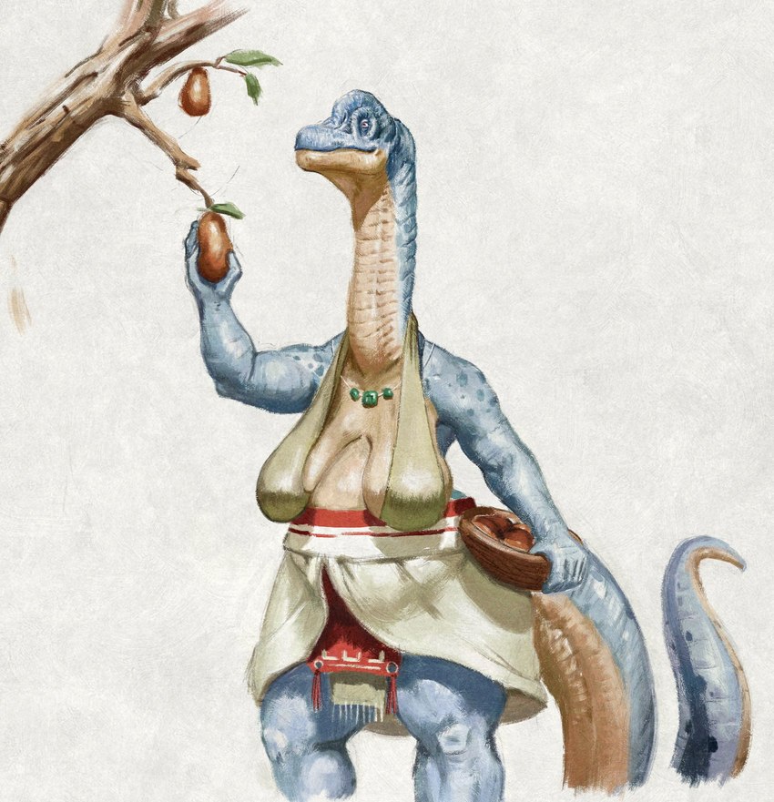 anthro blue_body blue_scales breasts clothed clothing elderly elderly_female female food front_view fruit green_clothing green_topwear jewelry mature_female mouth_closed necklace plant red_clothing sagging_breasts scales simple_background solo standing tan_body tan_scales topwear white_clothing upai breana_(upai) dinosaur prehistoric_species reptile scalie full-length_portrait hi_res portrait three-quarter_portrait