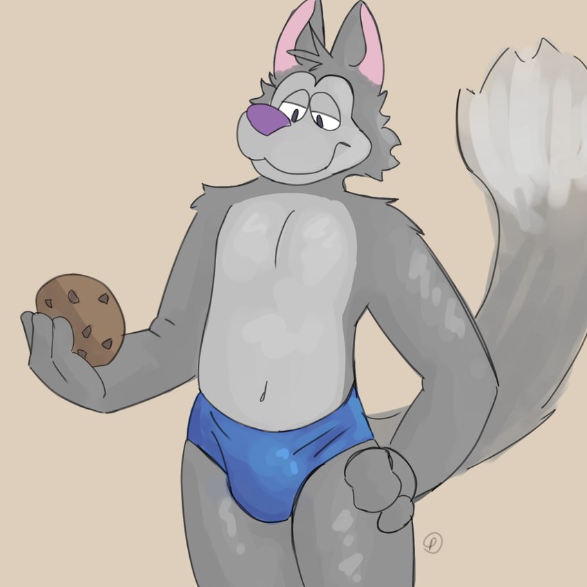 bulge cookie ears_up food fur grey_body grey_fur male solo tail palister35 cookie_crisp chip_the_wolf canid canine canis mammal wolf 1:1 hi_res