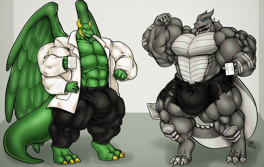 4_nipples 4_pecs abs anthro barazoku belly biceps big_bulge big_muscles blue_eyes bottomwear bulge claws clothing coat coffee_mug digitigrade duo flexing grey_body grin huge_bulge huge_muscles hyper hyper_bulge hyper_muscles lab_coat male multi_arm multi_limb multi_nipple multi_pecs multicolored_body muscular muscular_anthro muscular_male nipples pants paws pecs pose simple_background smile standing tail teeth topwear torn_clothing two_tone_body two_tone_tail underwear white_body kullizilla mythology jagaz kardukk_(character) dragon kobold mythological_creature mythological_scalie reptile scalie digital_media_(artwork) hi_res shaded signature