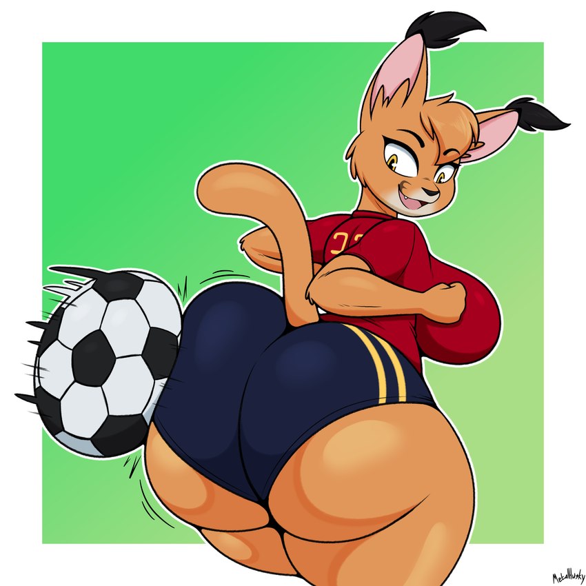 anthro ball big_breasts big_butt breasts butt butt_bump clothed clothing deep_skin female fur huge_butt looking_back simple_background skindentation smile soccer soccer_ball soccer_uniform solo sport sportswear tan_body tan_fur tight_clothing uniform yellow_eyes xmetalhusky caracal caracal_(genus) felid feline mammal 1:1 2022 absurd_res hi_res