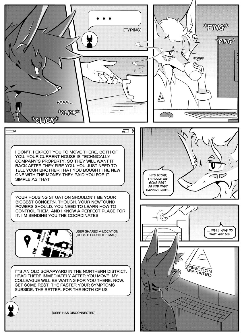 anthro clothed clothing computer computer_mouse container cup dialogue drinking duo ear_piercing electronics inner_ear_fluff keyboard male mug piercing screen simple_background speech_bubble text tuft kifyun2 kif_yppreah tatsuo_kimura canid canine fox mammal absurd_res comic english_text hi_res monochrome