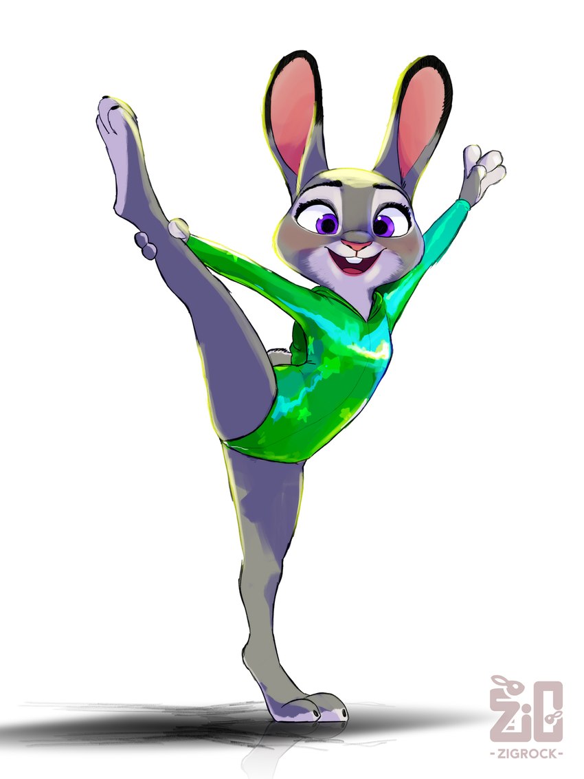 3_toes anthro barefoot buckteeth clothed clothing dipstick_ears ear_markings feet female fingers flexible fur grey_body grey_fur leotard logo looking_at_viewer multicolored_ears on_one_leg one_leg_up open_mouth open_smile pink_nose purple_eyes raised_leg simple_background smile solo splits spread_legs spreading standing stretching teeth toes vertical_splits white_background zigrock001 disney zootopia judy_hopps lagomorph leporid mammal rabbit artist_logo hi_res