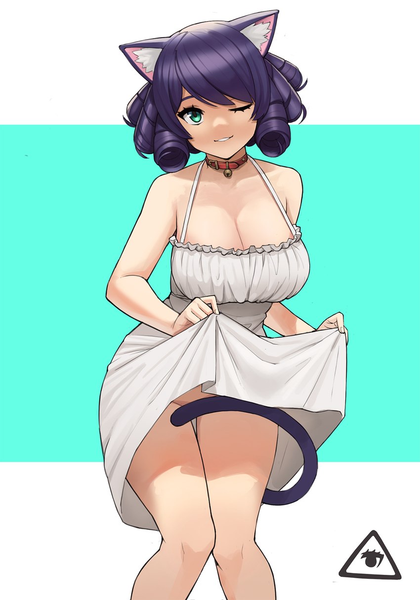 breasts cleavage clothed clothing clothing_lift collar convenient_censorship dress dress_lift female green_eyes hair one_eye_closed purple_hair solo tail tail_censorship wink donburikazoku sanrio show_by_rock!! cyan_hijirikawa animal_humanoid cat_humanoid felid felid_humanoid feline feline_humanoid humanoid mammal mammal_humanoid 2021 hi_res