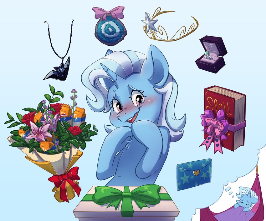 blue_body blue_fur blue_hair blush book bouquet bow_ribbon crown dream female feral flower flower_bouquet fur geode gift hair headgear horn jewelry letter multicolored_hair necklace plant sleeping tiara two_tone_hair white_hair doodlemark friendship_is_magic hasbro my_little_pony mythology trixie_(mlp) equid equine mammal mythological_creature mythological_equine unicorn absurd_res hi_res