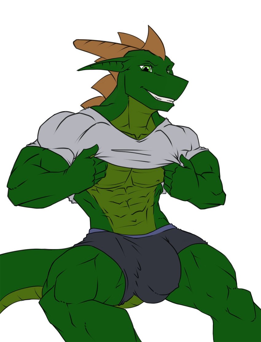 abs anthro back_spikes biceps big_bulge big_muscles bulge clothed clothing clothing_lift detailed_bulge genital_outline huge_bulge male muscular muscular_male penis_outline shirt smile solo spikes spikes_(anatomy) t-shirt tail tight_clothing tight_shirt tight_topwear topwear underwear saruuk sar lizard reptile scalie 2019 hi_res