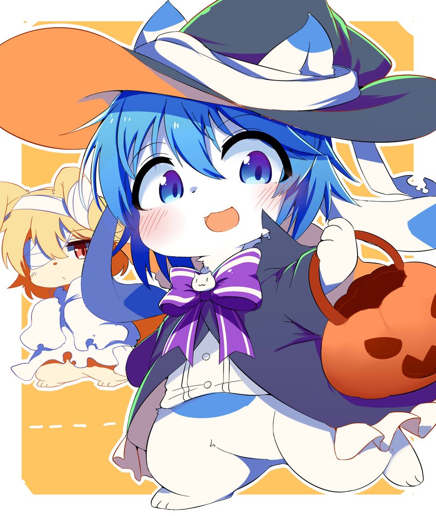 anthro bandage barefoot blonde_hair blue_body blue_eyes blue_fur blush bottomless candy_bucket chibi clothed clothing costume duo feet female fur hair halloween_costume hat headgear headwear holding_object holidays kemono looking_at_viewer naturally_censored one_eye_obstructed open_mouth open_smile purple_ribbon red_eyes simple_background smile standing walking white_body white_fur witch_costume witch_hat ne_(nefuraito336) halloween domestic_cat felid feline felis lagomorph leporid mammal rabbit absurd_res hi_res