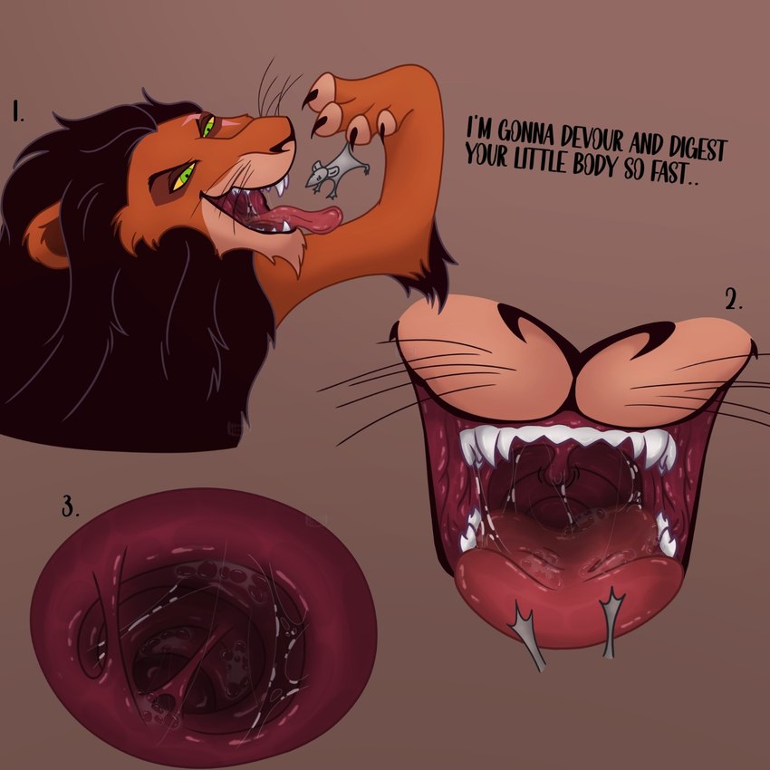 bodily_fluids digestion duo feral internal macro male male/male male_pred mane micro oral_vore predator/prey saliva saliva_on_tongue saliva_string scar soft_vore teeth text throat tongue tongue_out uvula vore artsypaws disney the_lion_king scar_(the_lion_king) felid lion mammal mouse murid murine pantherine rodent 1:1 english_text hi_res