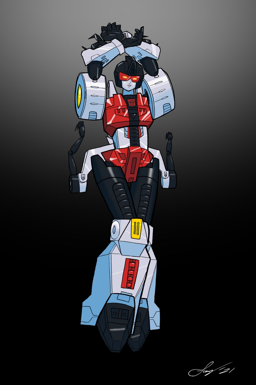 autobot eyewear female glasses glowing glowing_eyes machine not_furry pose raised_arms smile solo visor softschwarz hasbro takara_tomy transformers slash_(dinobot) android cybertronian dinobot_(species) robot 2:3 absurd_res hi_res