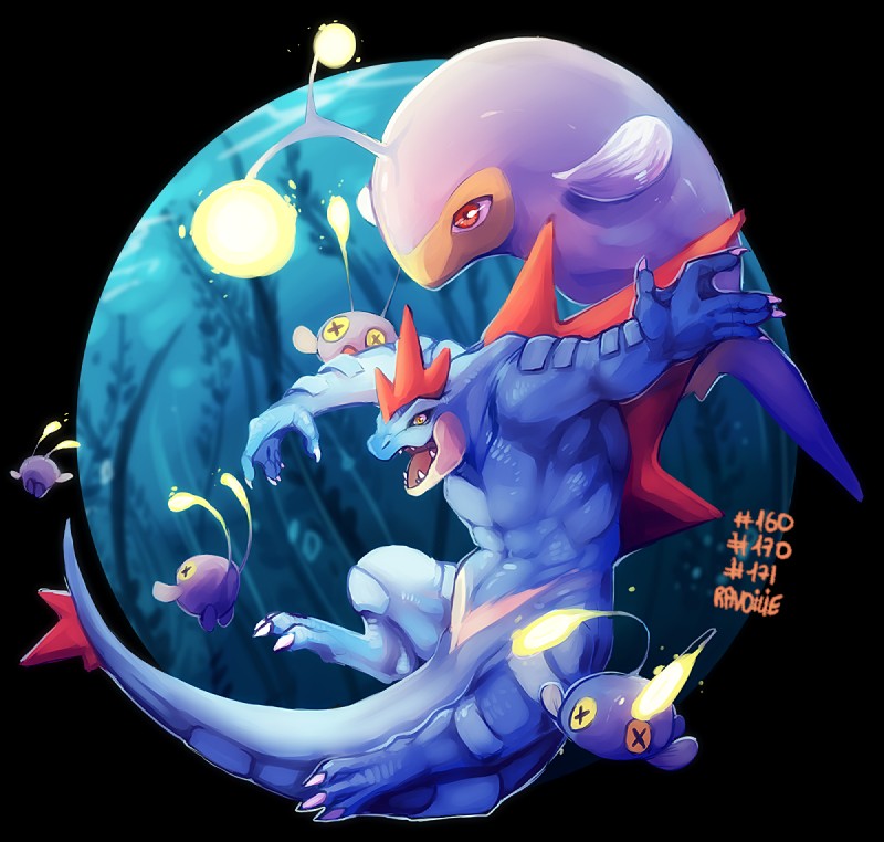 5_fingers fingers group horn open_mouth red_eyes teeth tongue ravoilie nintendo pokemon chinchou feraligatr generation_2_pokemon lanturn pokemon_(species) 2018 alpha_channel digital_media_(artwork)