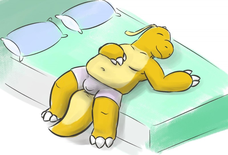 anthro bed belly bulge clothing eyes_closed furniture male moobs pillow slightly_chubby solo underwear hokolee32 nintendo pokemon dragonite generation_1_pokemon pokemon_(species) 2019 hi_res