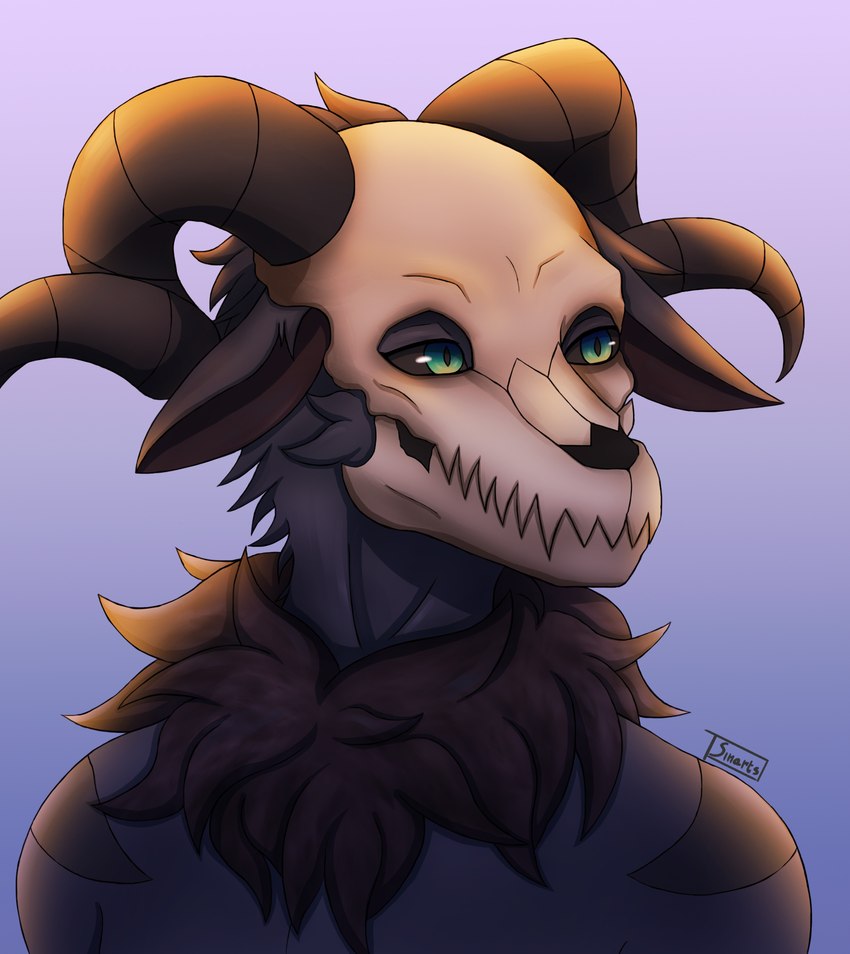 anthro bone floppy_ears fur green_eyes grey_body horn male skull skull_head solo sinarts zau_(sinarts) bovid bovine caprine demon mammal hi_res portrait