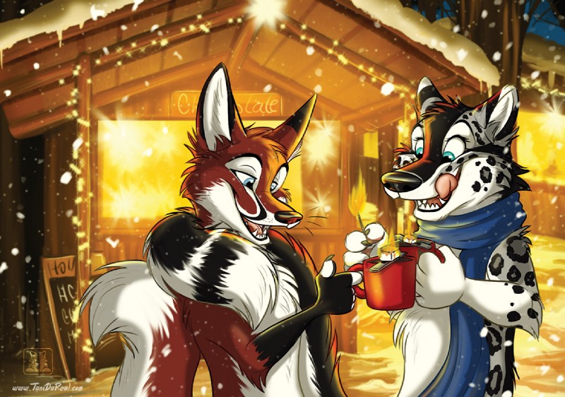 anthro christmas_decorations christmas_lights duo female fur holidays husband_and_wife licking licking_lips male married_couple nude snow spots tongue tongue_out white_body white_fur winter conditional_dnp tani_da_real christmas nightfox tanidareal_(character) canid canine canis felid fox hybrid leopard mammal pantherine red_fox snow_leopard true_fox wolf