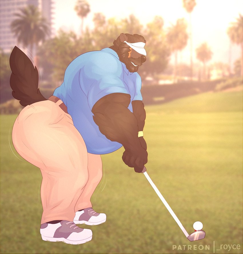 anthro beard belly big_butt black_body black_fur blue_clothing blue_shirt blue_topwear bottomwear butt clothing facial_hair footwear fur golf golf_ball golf_club hat headgear headwear male mustache outside overweight overweight_anthro overweight_male pants photo_background shirt shoes solo sport topwear rine robert_hayes gulonine mammal mustelid musteline wolverine hi_res photography_(artwork)