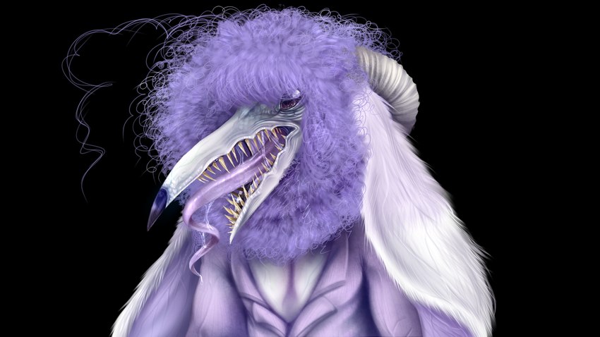 anthro black_background bodily_fluids creepy fangs female fluffy fur hair horn long_ears long_tongue nightmare_fuel open_mouth purple_body purple_eyes purple_fur purple_hair saliva saliva_on_tongue saliva_string sharp_teeth simple_background solo surrealism teeth tongue tongue_out vein white_body white_fur snowyseal fairy_(snowyseal) avian cottemony hybrid mammal monster 16:9 digital_media_(artwork) widescreen