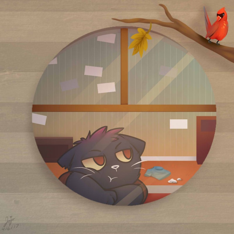 ambiguous_gender anthro beak black_body black_fur bored branch clothing desk drawer duo dye eyebrows feathers feral fur furniture hair in_tree inside plant poster pouting red_body red_feathers reflecion shirt solo_focus t-shirt table topwear trash tree whiskers window jojodear_(artist) night_in_the_woods mae_borowski avian bird domestic_cat felid feline felis mammal 1:1 2017 wallpaper