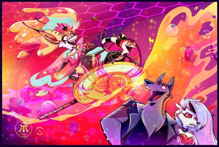 blitzo, loona, queen bee-lzebub, and vortex (helluva boss and etc) created by misspanica1