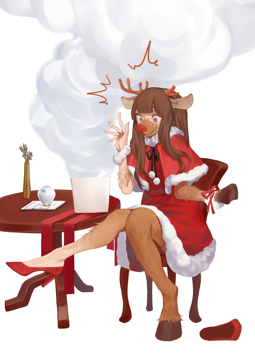 antler_growth antlers brown_body brown_fur brown_hair chair clothing footwear fur furniture gift hair high_heels holidays hooves horn looking_down mid_transformation red_clothing red_footwear red_high_heels red_nose red_ribbon shoes simple_background sitting smile smoke species_transformation surprised transformation white_background ora_ozen christmas deer human mammal new_world_deer reindeer 2024 absurd_res hi_res