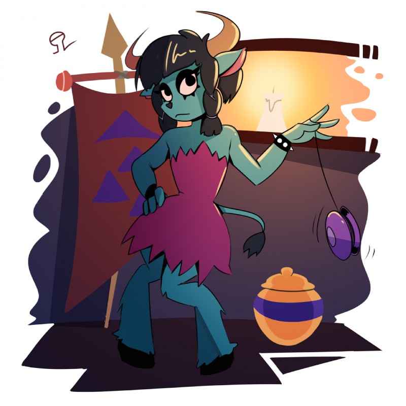 4_fingers anthro biped black_hair blue_body blue_fur clothing dress female fingers fur hair hand_on_hip hooves horn looking_at_viewer pose short_hair solo standing toy yo-yo alvh-omega activision spyro_reignited_trilogy spyro_the_dragon sheila_the_faun_(spyro) faun_(spyro) satyr 1:1 2018 hi_res