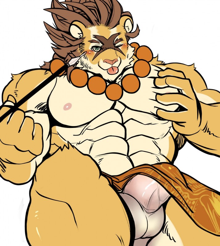 abs anthro balls blush bottomwear chode clothed clothing erection genitals loincloth looking_at_viewer male muscular muscular_anthro muscular_male pecs penis simple_background solo teasing tongue tongue_out white_background xsrwe12 wander_crown hoemaru_(wander_crown) felid mammal pantherine tiger hi_res