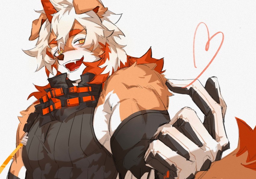 5_fingers anthro clothing fingers fur gloves hair handwear heart_symbol horn long_hair looking_at_viewer male muscular muscular_anthro muscular_male orange_hair solo tail tan_body tan_fur white_body white_fur white_hair haru41113 arknights hypergryph studio_montagne hung_(arknights) canid canine canis domestic_dog mammal 2024 hi_res