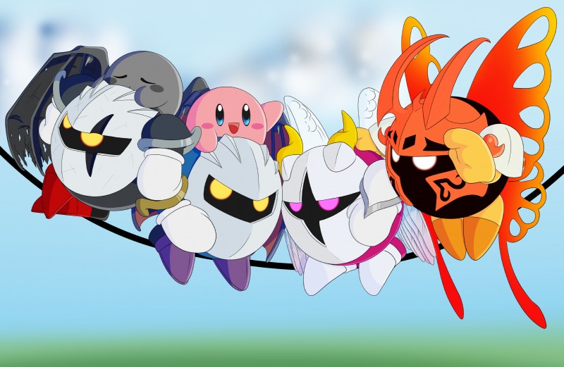 ambiguous_gender group mask power_line wings pitchblackdragon kirby_(series) nintendo dark_meta_knight galacta_knight kirby meta_knight morpho_knight shadow_kirby waddling_head featureless_(disambiguation) absurd_res hi_res