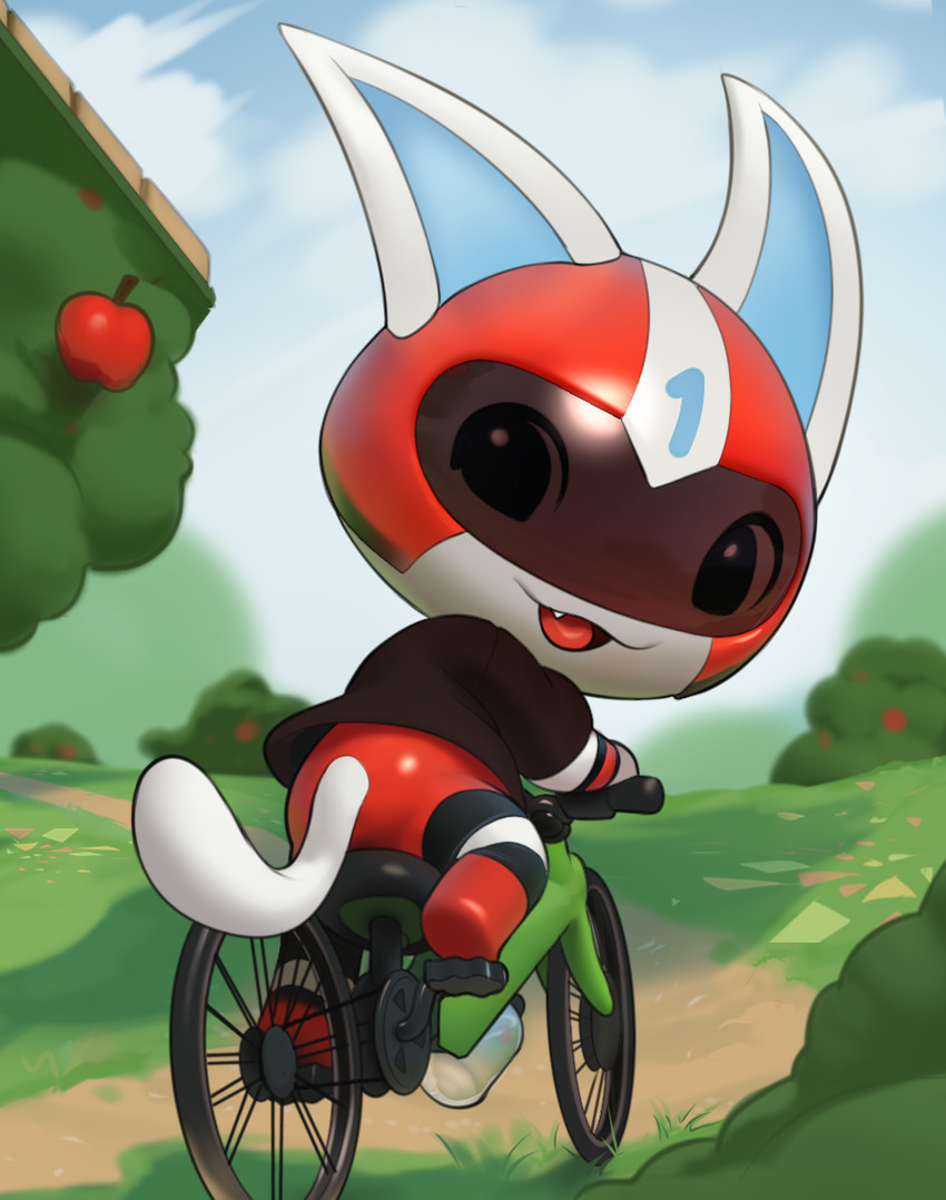 anthro apple apple_tree armor bicycle black_eyes blue_inner_ear chibi cute_fangs cycling day detailed_background food fruit fruit_tree fur headgear helmet looking_back male outside plant rear_view shrub solo tree vehicle white_body white_fur young young_anthro inkune animal_crossing nintendo kid_cat_(animal_crossing) domestic_cat felid feline felis mammal 2020 digital_media_(artwork) digital_painting_(artwork) full-length_portrait portrait