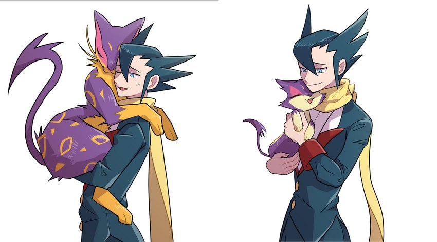 ambiguous_gender bodily_fluids bonding carrying_another carrying_partner eyes_closed feral group hand_on_butt hand_on_shoulder hug larger_human love male one_eye_closed open_mouth open_smile simple_background size_difference smaller_feral smile standing sweat sweatdrop wink usarinko nintendo pokemon grimsley_(pokemon) felid generation_5_pokemon human liepard mammal pokemon_(species) purrloin hi_res