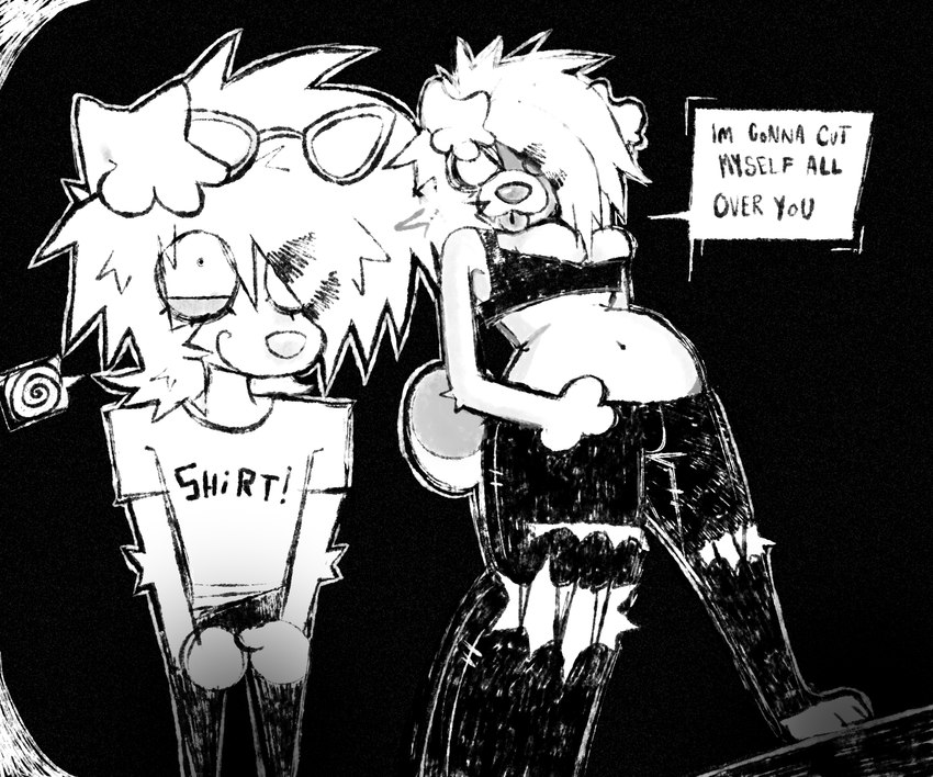 alternative_fashion anthro black_clothing breasts clothing duo emo female shirt topwear spitthesauce canid canine canis domestic_dog mammal black_and_white hi_res monochrome