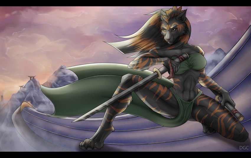 anthro black_bars breasts clothed clothing female japan samurai solo warrior dark_guardian_corporation felid mammal pantherine tiger letterbox