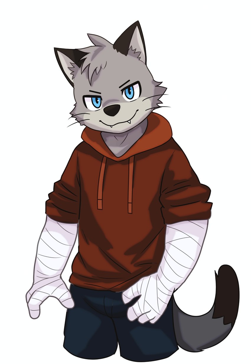 anthro bandage bandaged_arm black_nose blue_eyes bottomwear clothing cute_fangs fangs grey_body hoodie humanoid_hands kemono male pants simple_background solo teeth topwear white_background mkwolf2022 brok_the_investigator cowcat_games graff_filsh domestic_cat felid feline felis mammal 2024 absurd_res hi_res