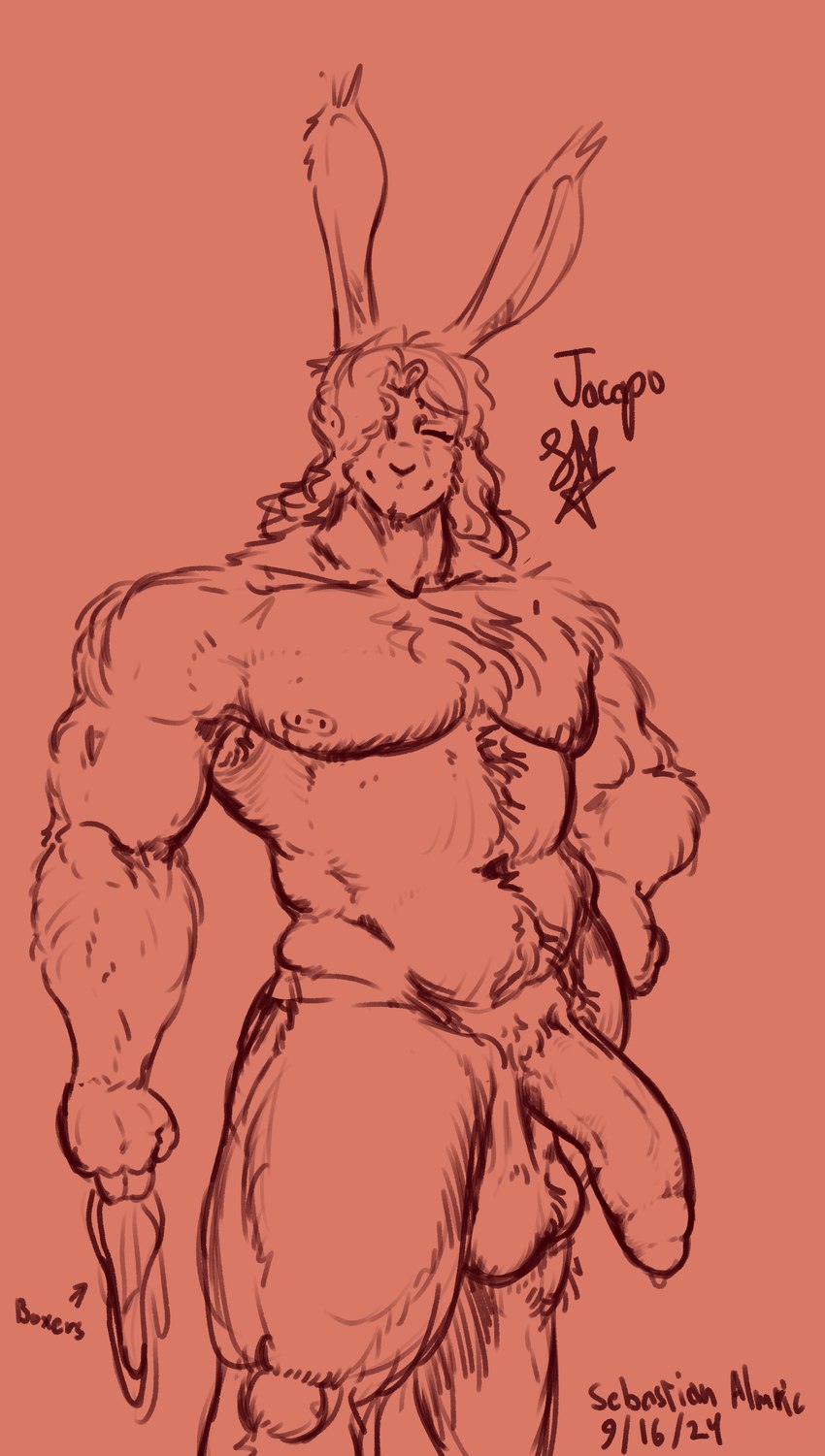 anthro balls belly big_muscles big_penis bodily_fluids clothing curled_hair dripping eyes_closed genital_fluids genitals hair half-erect holding_boxers holding_clothing holding_object holding_underwear huge_muscles huge_penis huge_thighs long_hair male male/male muscular muscular_anthro muscular_male nipple_outline nipples nude nude_anthro nude_male pecs penis precum precum_drip presenting pubes rabbit_ears saggy_balls simple_background smile solo thick_thighs underwear undressed sebastian_almric jacapo_(sebastian_almric) lagomorph leporid mammal rabbit absurd_res hi_res sketch sketch_page