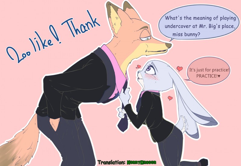 anthro bent_over blush buckteeth clothed clothing dialogue duo female fur green_eyes grey_body grey_fur half-closed_eyes heart_symbol inner_ear_fluff long_ears male narrowed_eyes necktie necktie_grab orange_body orange_fur purple_eyes simple_background size_difference tail tail_motion tailwag teeth text tuft hornydragon pokuytred disney zootopia judy_hopps nick_wilde canid canine fox lagomorph leporid mammal rabbit red_fox true_fox 2016 english_text hi_res translated