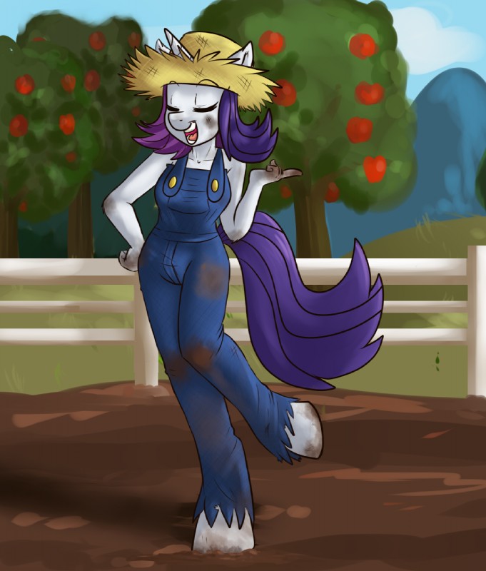 anthro anthrofied apple biped clothing eyes_closed female fence food fruit grass hair hat headgear headwear horn messy_hair mud orchard overalls overalls_only plant purple_hair shirtless solo standing straw_hat torn_clothing tree pon3splash friendship_is_magic hasbro my_little_pony mythology rarity_(mlp) equid equine mammal mythological_creature mythological_equine unicorn 2014 hi_res