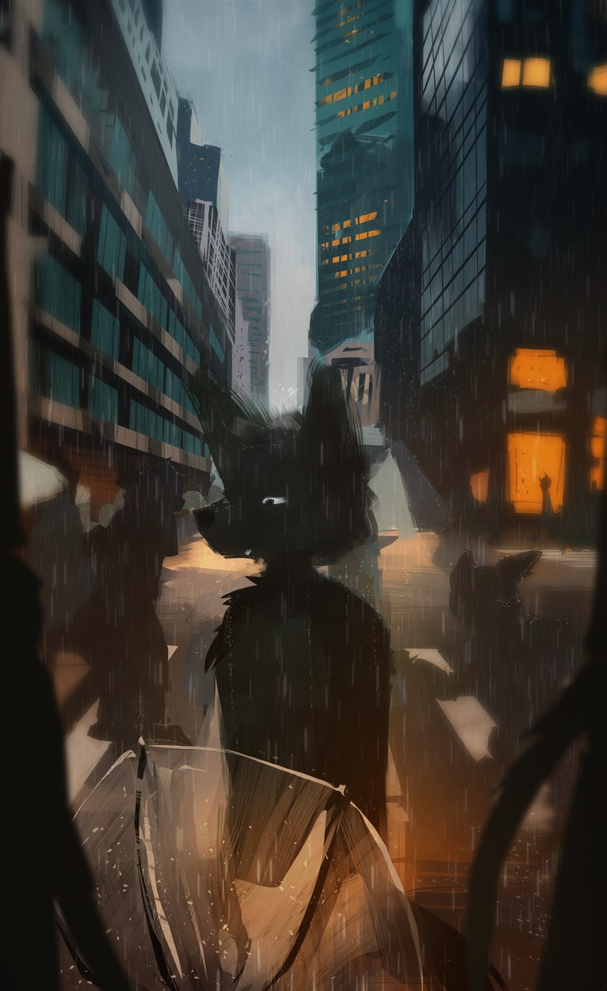 anthro black_body black_fur city fur male raining solo umbrella young young_anthro young_male dakkawoof dakka canid canine canis mammal wolf 2024 absurd_res hi_res