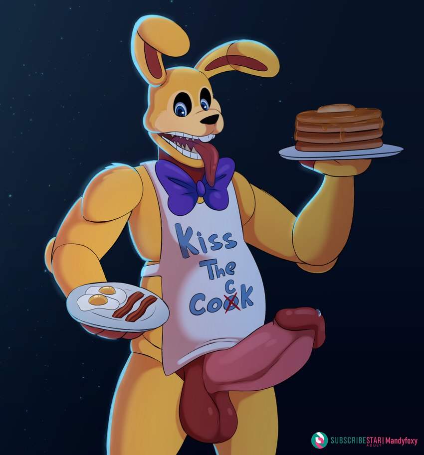 anthro apron apron_only balls bodily_fluids bow_tie clothing food genital_fluids genitals long_tongue male pancake penis precum solo thick_penis tongue tongue_out yellow_body mandyfoxy five_nights_at_freddy's into_the_pit scottgames spring_bonnie_(fnaf) lagomorph leporid mammal rabbit absurd_res hi_res