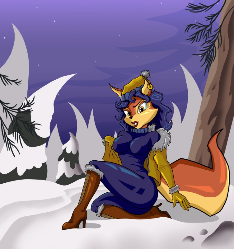 anthro breasts clothed clothing ear_piercing female fur orange_body orange_fur outside piercing snow solo astraldog sly_cooper_(series) sony_corporation sony_interactive_entertainment sucker_punch_productions carmelita_fox canid canine fox mammal absurd_res hi_res